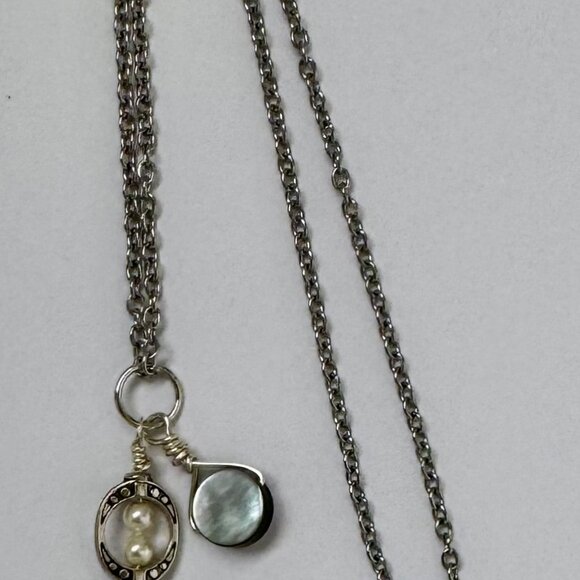 Necklace handmade silver carved cone clear gray crystal pearls OOAK - Picture 2 of 7